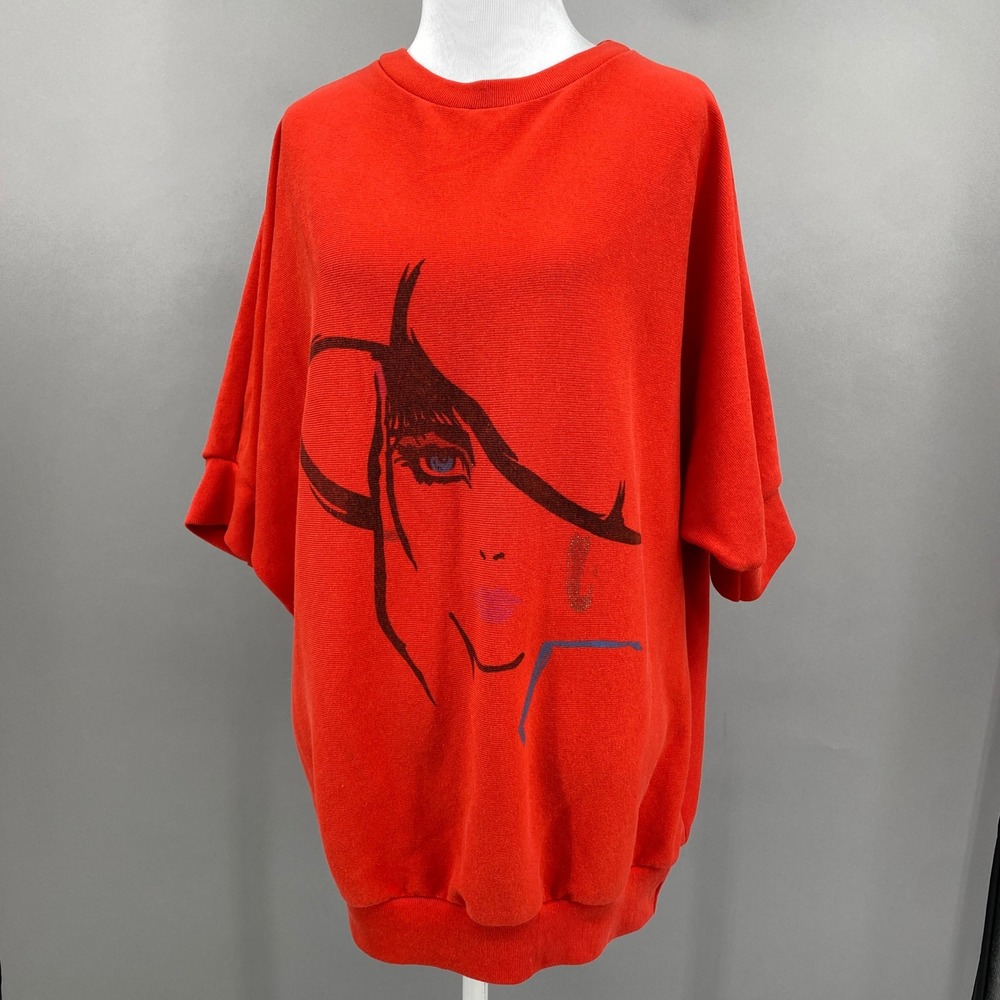Vintage 80s Made Here Graphic Face Knit Top Womens OS Red Batwing Cubism Lady